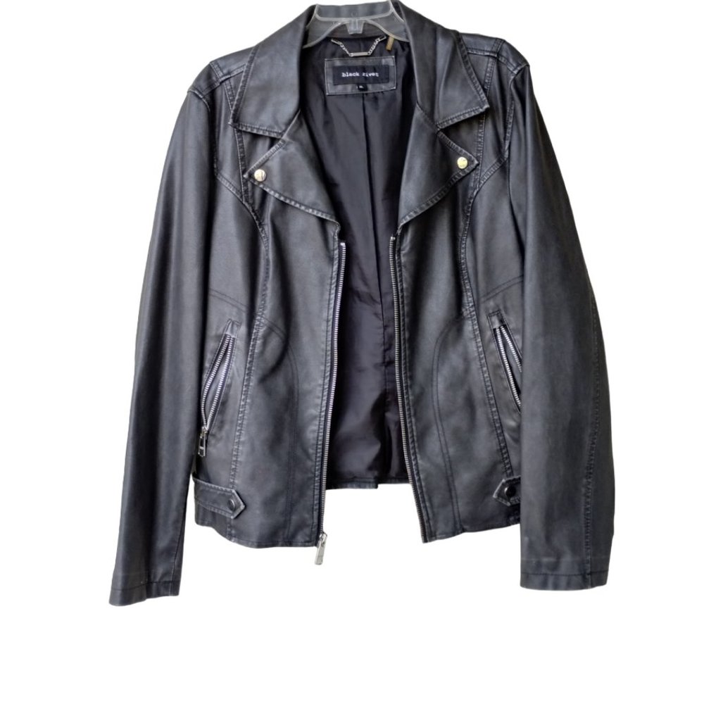 Black Rivet Vegan Leather Removable Hoodie Moto Jacket - Fits M - Carchoal/Black - Picture 6 of 16